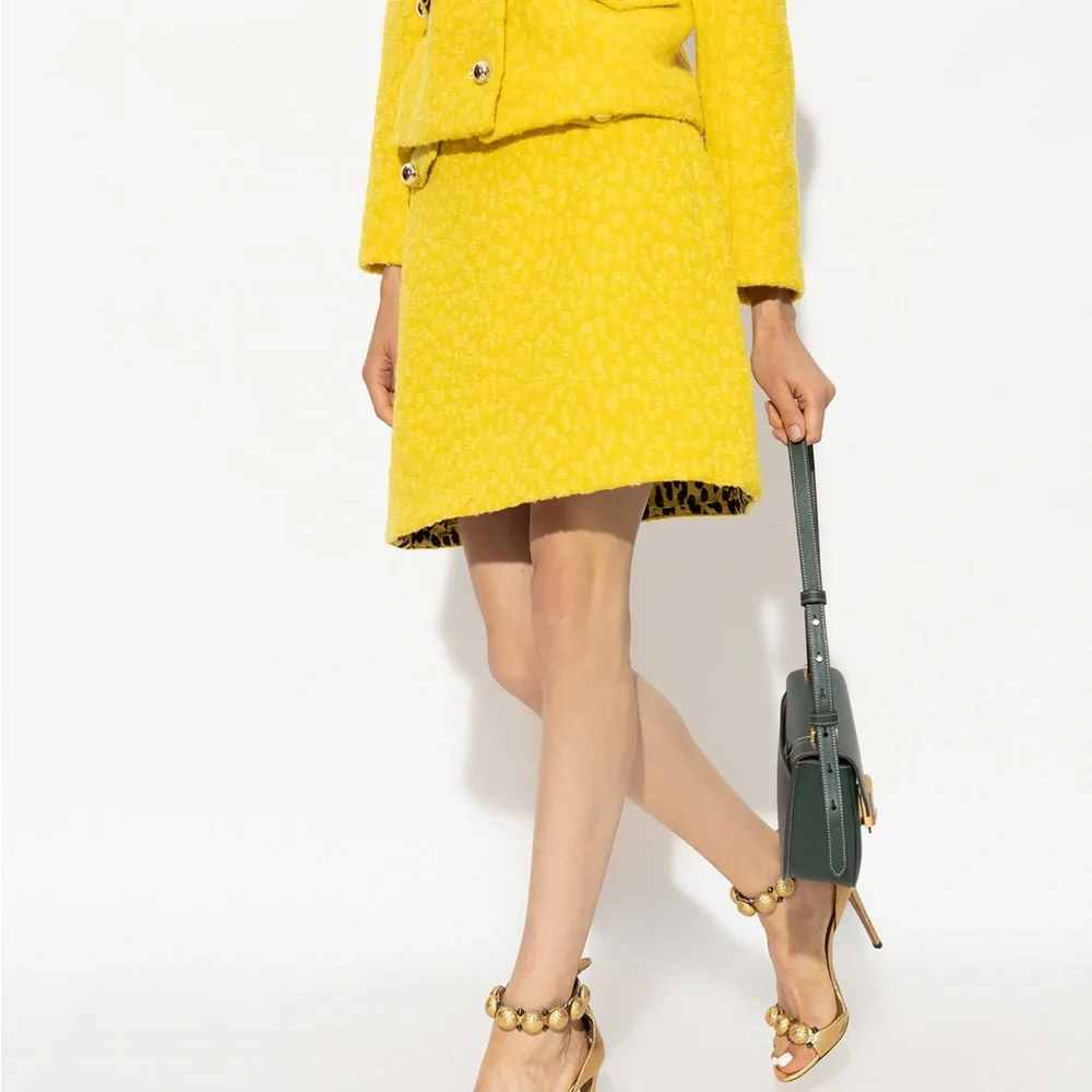 Kate Spade Tonal Leopard Textured Wool-Blend Skirt Chartreuse Yellow NWT Size 16